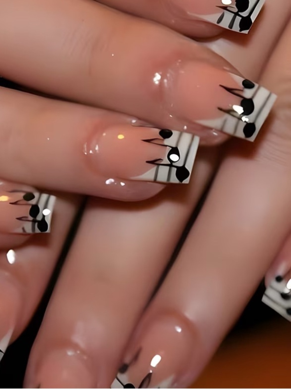 Neutral French Tips with Black Musical Note Art